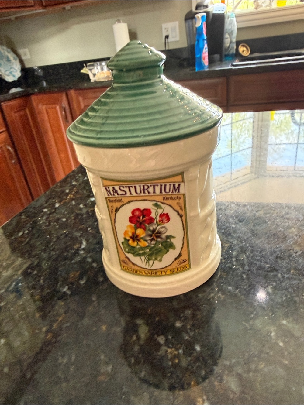 Nasturtium Ceramic Canister with Green Lid 1991 signed H&HD